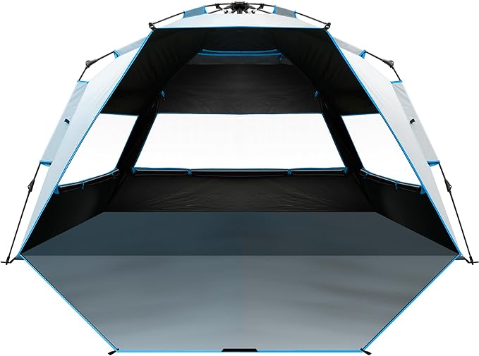OutdoorMaster Beach Tent with Blackout Shelter Technology Portable Sun Shade Shelter 4 Person Pop Up Beach Tents with UPF 50+ UV Protection 9.5mm Thick Pole 3 Ventilating Mesh Windows