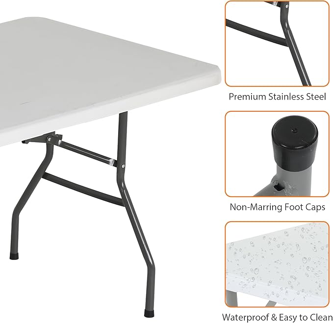 8 Foot Folding Table Portable Outdoor Folding Table Camp Table with Built in Handle &amp Steel Legs Heavy Duty Plastic Foldable Table Picnic Table 8ft Table Party Table Easy to Carry and Storage