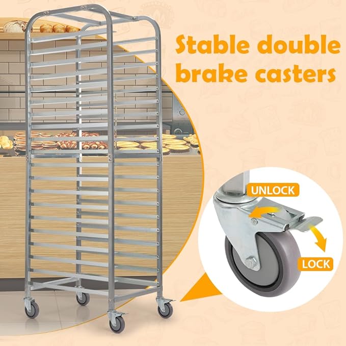 SANDINRAYLI Bakery Rack20-Tier Baker's Rack with Wheels Stainless Steel Bun Rack for Half &amp Full Sheet Large Speed Rack for Kitchen Commercial Bakery Cart Rolling Bakers Rack 26L X 20 W X