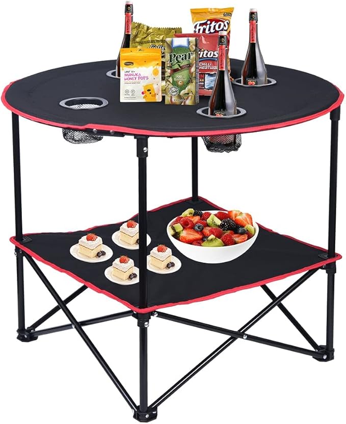 LEADALLWAY Camping Table Folding Picnic Table with 4 Cup Holders and Carrying Bags Collapsible Canvas Portable Tables Folding for BBQ Outdoor Fishing | 4 Cup Holders Carrying Bags Collapsible BBQ