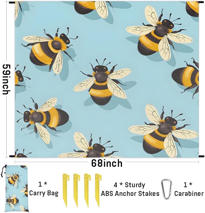 Waterproof Sandproof Beach Blanket 59''×68'' Animals Bees Polyester Outdoor Picnic Blanket with 4 Stakes &amp Storage Bag for BeachCampingVacation Lake Blue