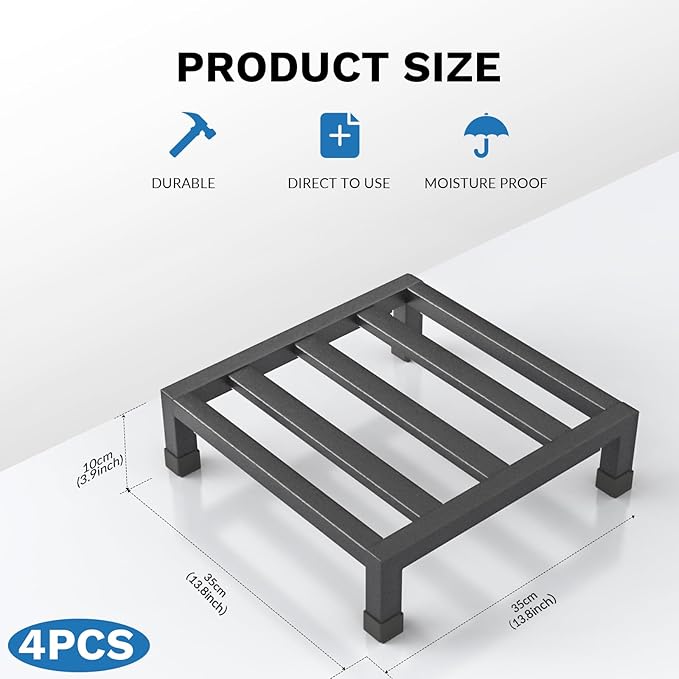 4 Pack Dunnage Rack 13.8'' x 13.8'' x 3.9'' 1000+ Pound Capacity Assembly-Free Metal Pallet Rack Off-The-Ground Storage Rack in Restaurant Kitchens and Garages and More