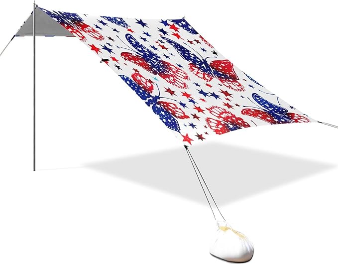 American Flag with Butterflies Beach Tent Sun Shelter 9.2' x 10.5' Beach Canopy with 4 Sandbags 4 Stability Poles Sand Shovels - Tent Canopy for Beach Camping Fishing Picnics