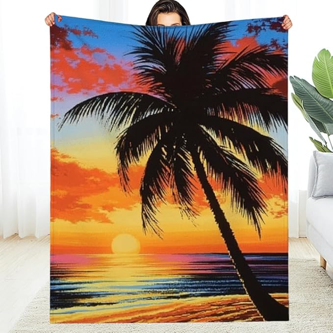 Palm Tree Sunset Beach Flannel Blanket Soft Warm Microfiber Blanket for Sofa Travel Camping All Season Gift 30x40in