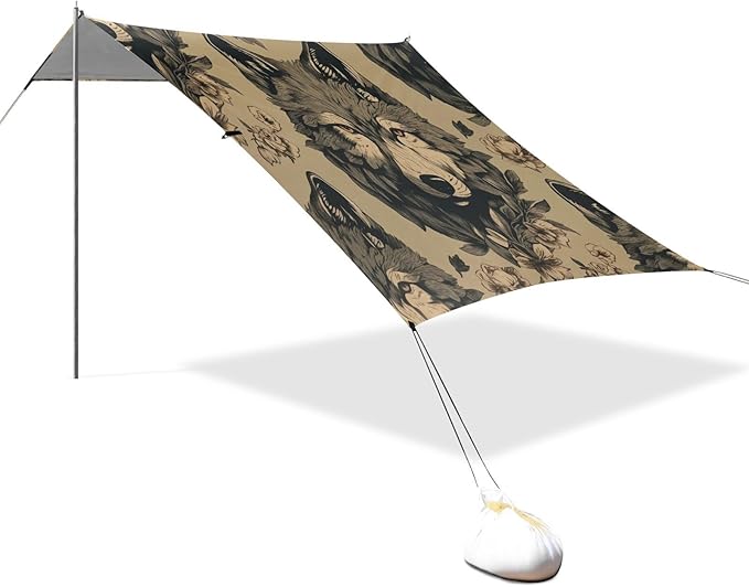 Vintage Wolf Pattern Beach Tent Sun Shelter 9.2' x 10.5' Beach Canopy with 4 Sandbags 4 Stability Poles Sand Shovels - Tent Canopy for Beach Camping Fishing Picnics