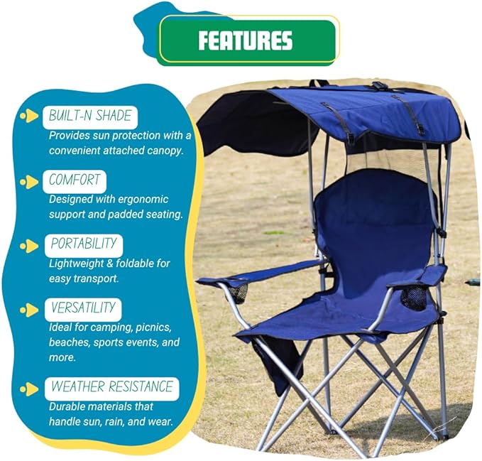 EZONE Folding Canopy Camp Chair for Outdoors Shade Canopy Portable Chair Camping Tailgates Beach Pool Lawn Chair Sunshade Travel Chair Folding Camping Chair (Upgraded - Navy)