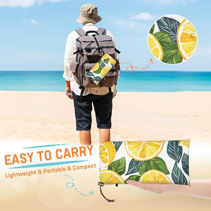 Waterproof Sandproof Beach Blanket 59''×68'' Lemon Slices Polyester Outdoor Picnic Blanket with 4 Stakes &amp Storage Bag for BeachCampingVacation Forsythia Yellow