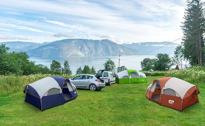 CAMPROS CP Tent 8 Person Camping Tents Weather Resistant Family Tent 5 Large Mesh Windows Double Layer Divided Curtain for Separated Room Portable with Carry Bag