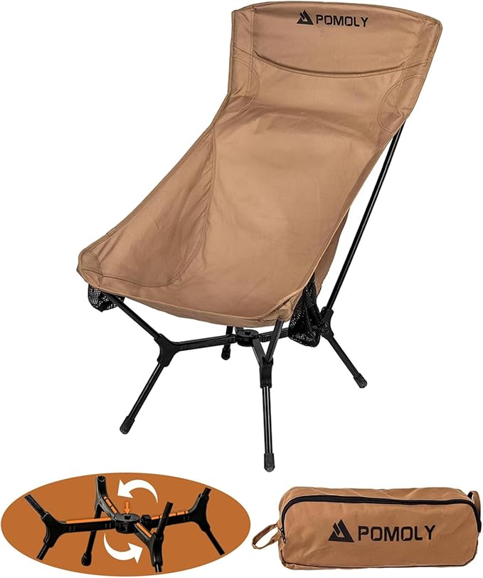 POMOLY Lightweight Camping Chair (Innovative Rotating Instant Setup) High Back Portable Collapsible Camping Chair Folding Outdoor Backpacking Ultralight Hiking 440lbs Capacity (Suspension Comfort)