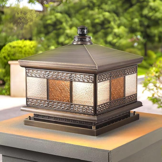 All Copper Steel Glass Outdoor Post lights Waterproof Pillar Light Vintage Patio Lawn Column Lampoutdoor column lightsDeck Lights Lantern Fence Lamp Fixture E26 Base (Flower glass 16X16IN)
