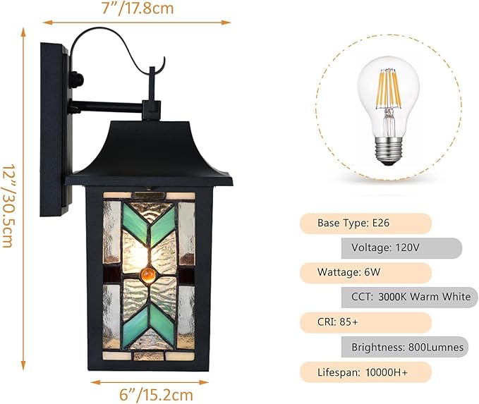 WL0009 Tiffany Style Outdoor Light Fixutres Stained Glass Wall Sconce Exterior Waterproof Wall Lantern Light for Balcony Aisle Hallway W 7X D 6 x H 12 Inches Bulb Included (Chrolume)