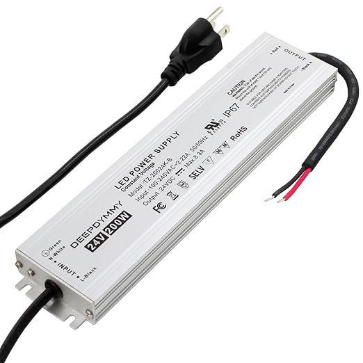 24V DC Power Supply 200W - Ultra Slim LED Driver Low Voltage Transformer with 3-Prong Plug &amp 3.3ft Cable IP67 Waterproof for LED Strip Lights Outdoor Lighting