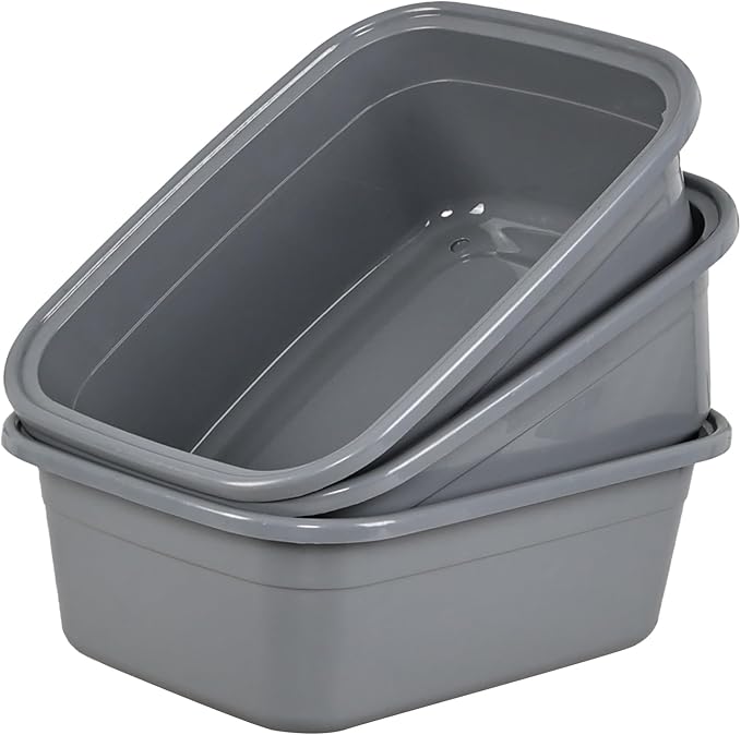 3 Pack 18 Quart Plastic Dish Pan Large Rectangular Wash Basin Grey
