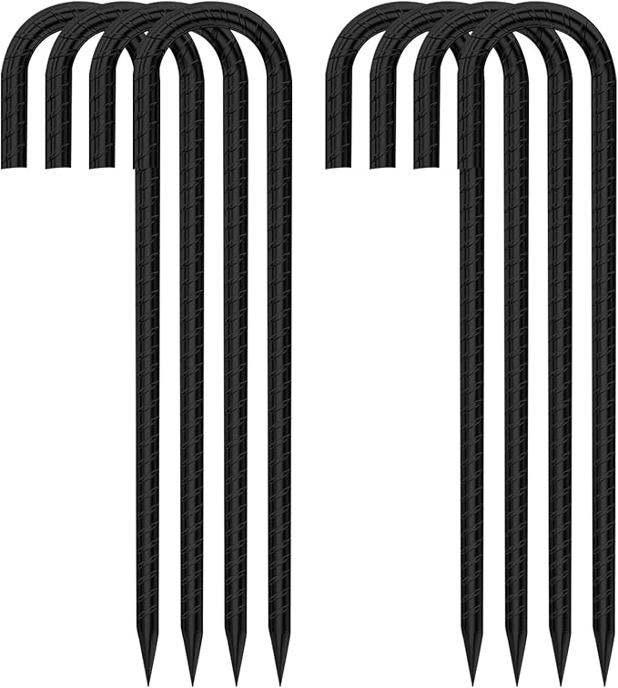 Black Metal Stakes 8 Set J Hook Extra Heavy Duty Rebar Stake【12 inch Long Enough】 Rust Proof Coated Steel Ground Stakes Ground Anchors Garden Stake Metal Stakes Tent Stakes Trampoline Anchors