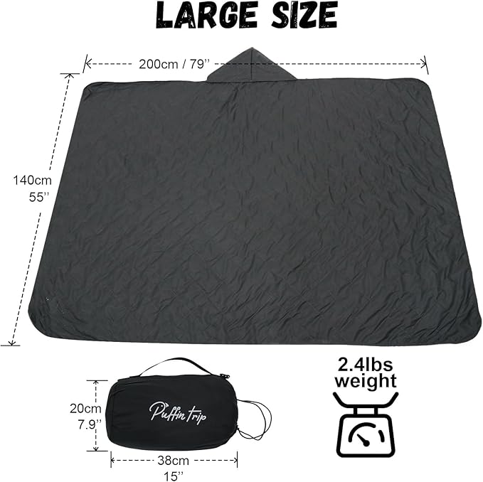Wearable Warm Camping Blanket Waterproof Windproof Quilted Fleece Stadium Outdoor Blanket with Portable Bag for Cold Weather Camping Picnic Sports Pet Beach Travel Car 79*55 inches Black including Hat