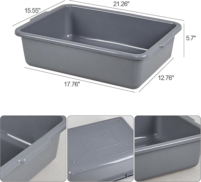 4 Pack 22 Liters Food Grade Bus Tub Large Commercial Bus Bin Boxes Grey Dishpan Basin