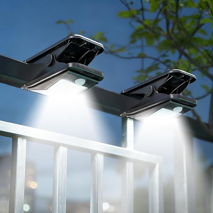 2Pack Clip on Solar Lights Outdoor Waterproof Motion Sensor Lights 3 Modes 3 Mounting Ways Solar Security Lights for Fence Wall Garage Patio Umbrella (2Pack 28LEDs)