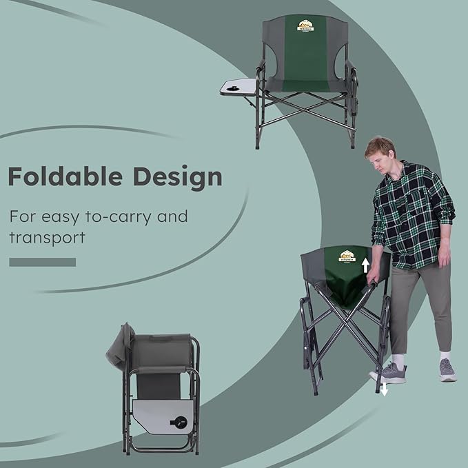 Oversized Directors Camping Chair Support 600 LBS Heavy Duty Folding Outdoor Chairs with Detachable Side Pocket and Adjustable Side Table for Outside BeachLawnFishing (Green)