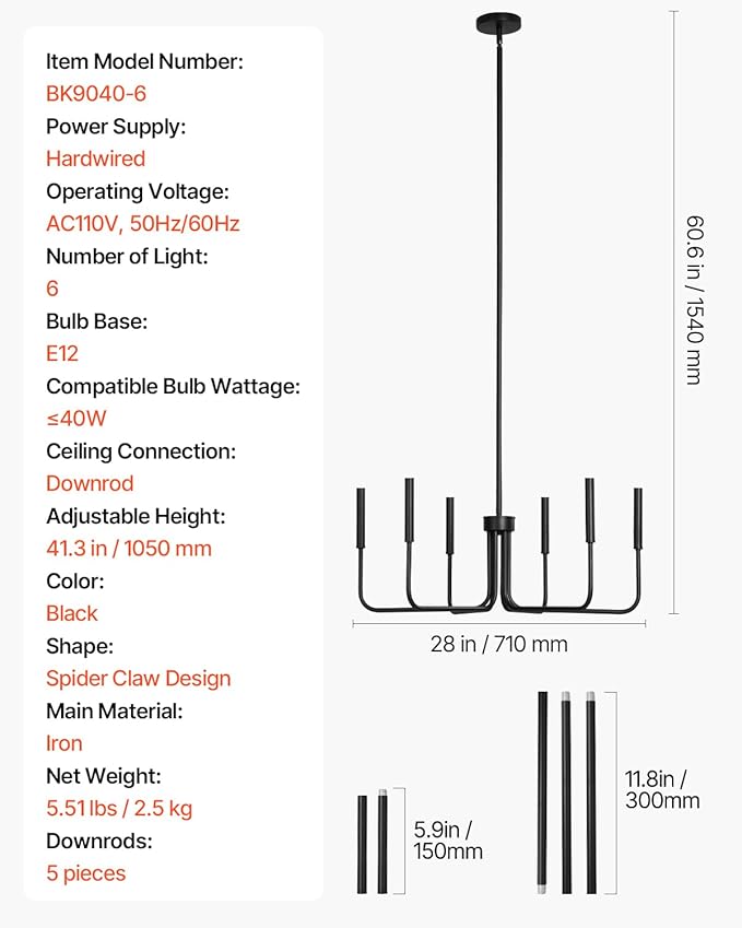 VEVOR 6-Light Chandelier Metal Farmhouse Chandelier Adjustable Height Dining Room Hanging Light Fixture for Ceilings Modern Chandelier for Bedroom Foyer Hall Kitchen Living Room and Entryway