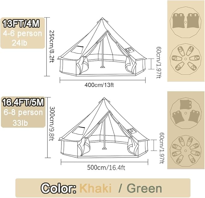 Backpacking Bell Tent with Top Stove Jack for All Year Living 300D Oxford Waterproof Yurt Tents House for Camping Glamping Parties Outdoor Events-13/16.4FT