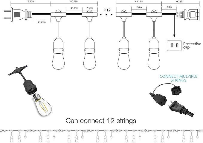 Banord Outdoor String Lights Commercial Grade 96ft Waterproof with 30 S14 Shatterproof Dimmable LED Bulbs Heavy Duty Hanging Lights for Patio Garden Backyard Decoration 2W 2x48ft Strands