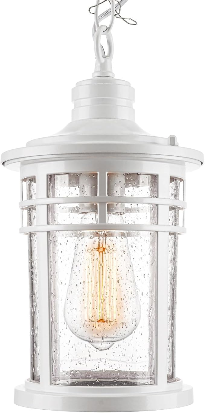 Darkaway Outdoor Pendant Lights for Porch Outdoor Chandelier Hanging Porch Lights Ceiling Mount Aluminum with Seeded Glass for Front Porch Gazebo Patio (Medium White)
