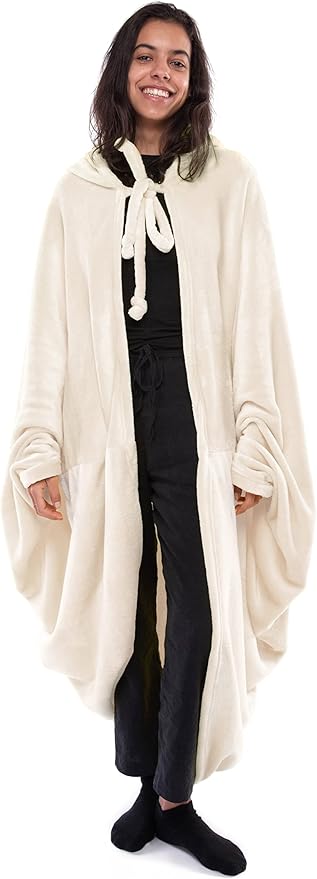 Mintra Home Wearable Blanket Hoodie Soft Warm &amp Cozy Snuggies for Women &amp Men Hooded Blanket with Full Sleeves for Adults One Size Fits All 70in x 62in (Cream)