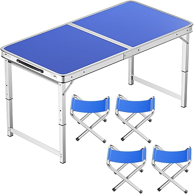 Adjustable Height Aluminum Folding Table Portable Outdoor Camping Table with Handle Compact 120X60Cm Picnic Dining Table Set with 4 Stools - Blue120X60Cm Bla100X50cm Blue+4 Stool