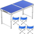 Adjustable Height Aluminum Folding Table Portable Outdoor Camping Table with Handle Compact 120X60Cm Picnic Dining Table Set with 4 Stools - Blue120X60Cm Bla100X50cm Blue+4 Stool