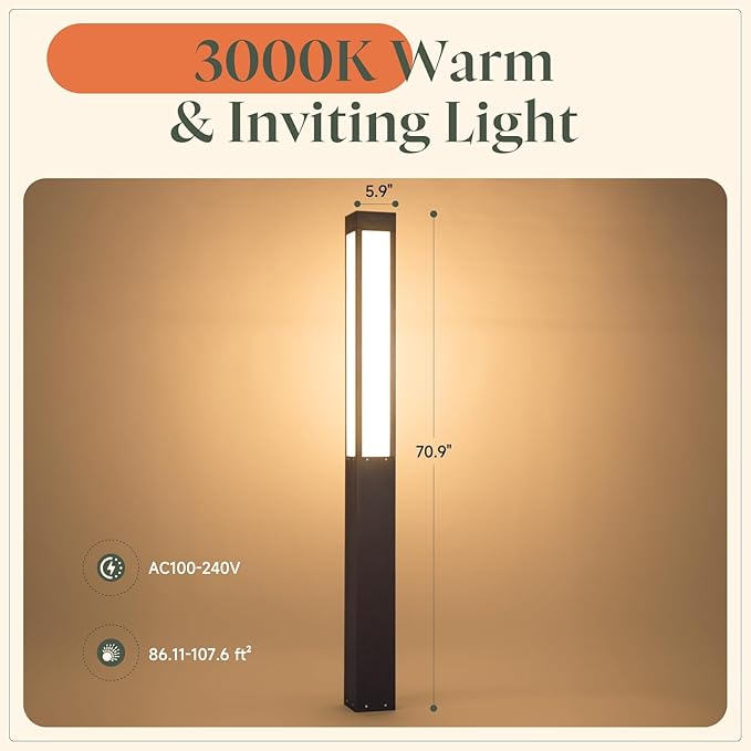 71 Tall Pathway Lights Landscape Bollard Lights Outdoor Modern Path Light Waterproof Aluminum Driveway Light High Voltage Wired 15W LED Lighting Walkway Lamp for Lawn Patio Yard Garden