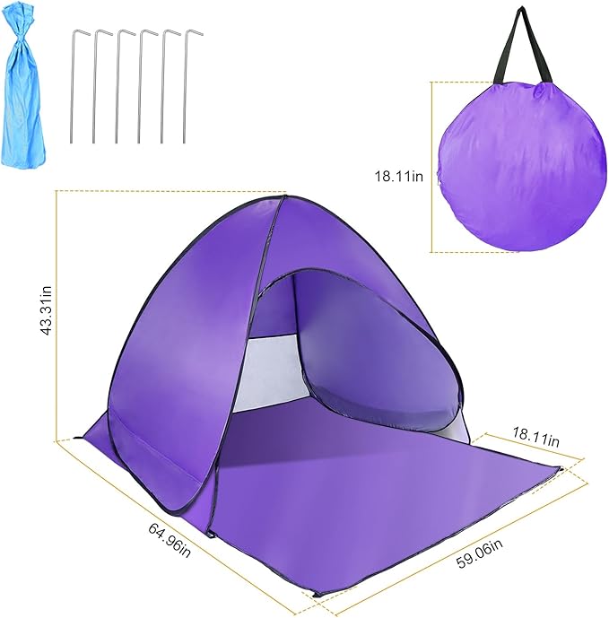 Pop Up Beach Tent Sun Shade Shelter Anti-UV Automatic Beach Tent Canopy for 2-3 People with Net Window Carry Bag for Park Camping (Purple)