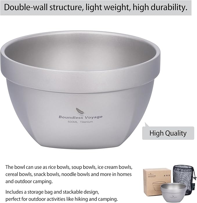 Boundless Voyage Titanium Double Walled Bowl - Ultralight Portable Tableware for Oatmeal Rice Soup Yogurt - Outdoor Camping Metal Bowl (500ml)