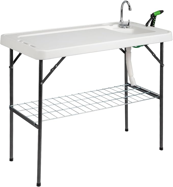 VINGLI Upgarded Folding Fish Cleaning Table with Sink Portable Camping Sink Table with Grid Rack &amp Sprayer Fish Fillet Cutting Table with Drainage Hose for Patio Backyard BBQ…