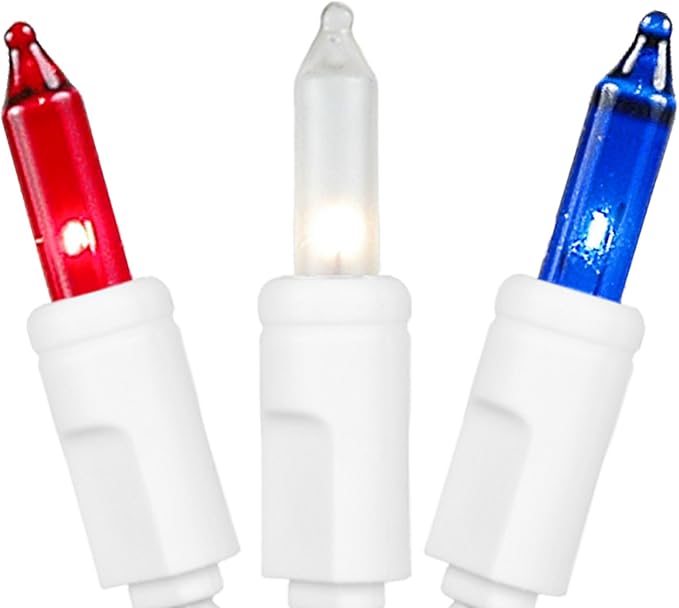 Novelty Lights 50 Feet 100 Bulb Incandescent Mini Light String Red/White/Blue with 6-Inch Spacing on White Wire UL Listed Commercial Grade Indoor/Outdoor Mini Lights Connectable End-to-End