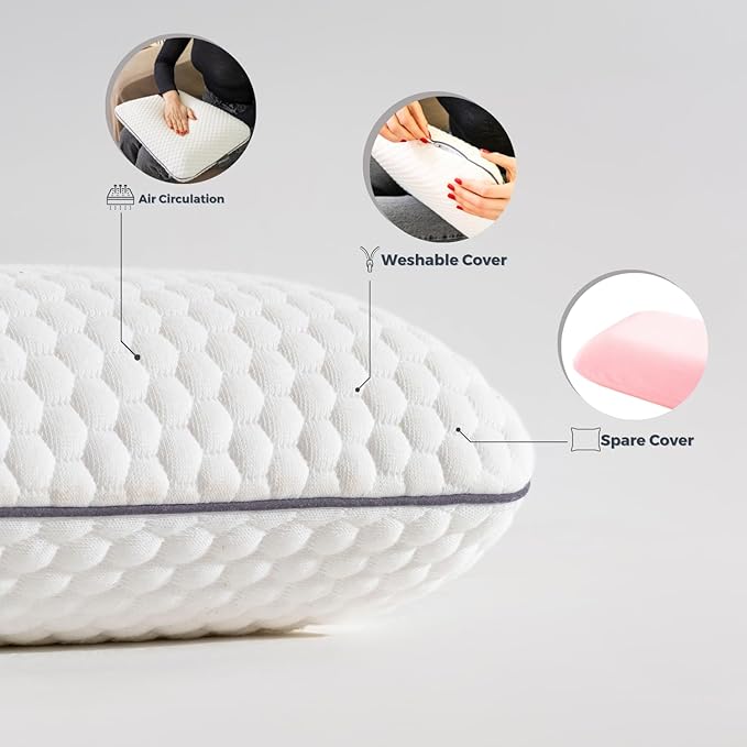Memory Foam Travel Pillow with Washable Cover &amp Carry Bag – Compact Soft &amp Breathable Neck Pillow for Airplane Camping &amp Car (White- with Extra Pink Cotton Cover 15.7x9.8x3.9 inches)