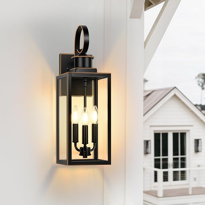 3-Light Outdoor Wall Light Fixtures 19 Inch Large Waterproof Exterior Wall Sconces with Glass Shades Black with Gold Trim Anti-Rust Outside Wall Lantern for House Front Porch Patio Garage