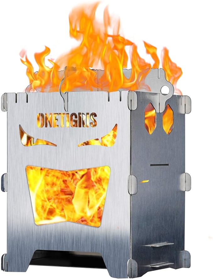 OneTigris Camping Backpacking Stove Portable Foldable Burning Wood Stove for Outdoor Hiking Picnic BBQStainless Steel (Medium)