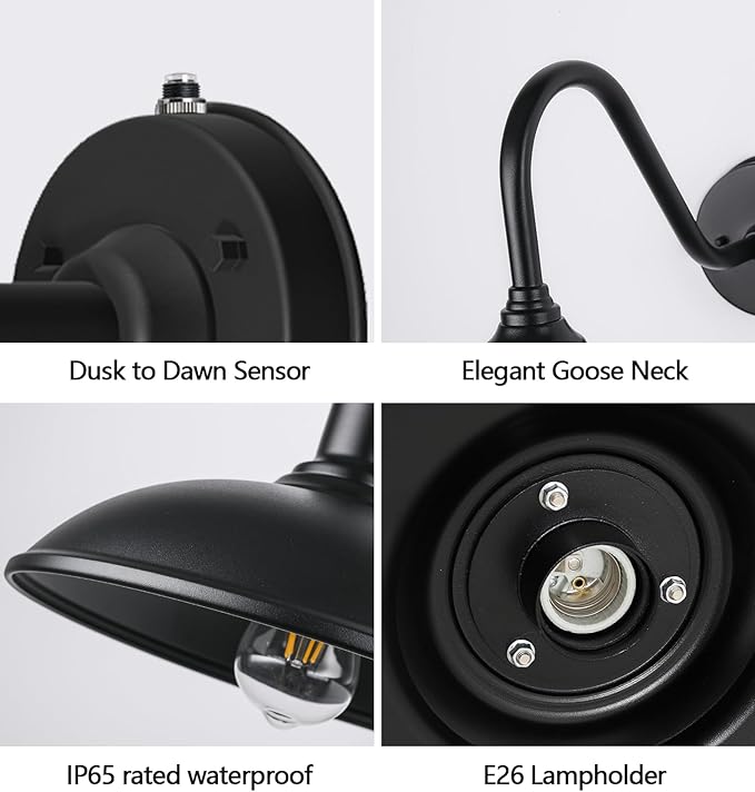 Large 18in Dusk to Dawn Outdoor Barn Lights Classic Gooseneck Light Up The Night Suitable for Porch Farmhouse Garage Lighting