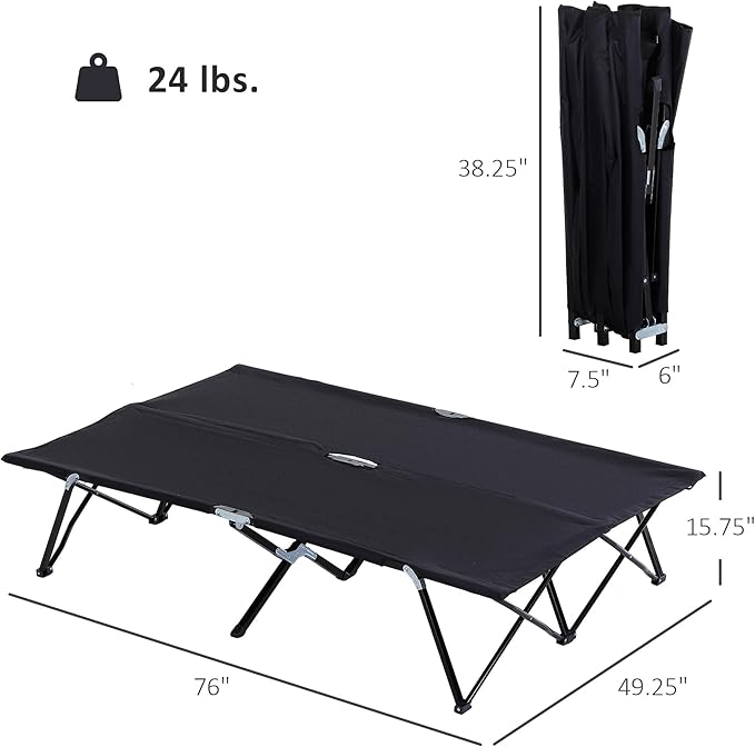 Outsunny 2 Person Folding Camping Cot for Adults 50 Extra Wide Outdoor Portable Sleeping Cot with Carry Bag Elevated Camping Bed Beach Hiking Black