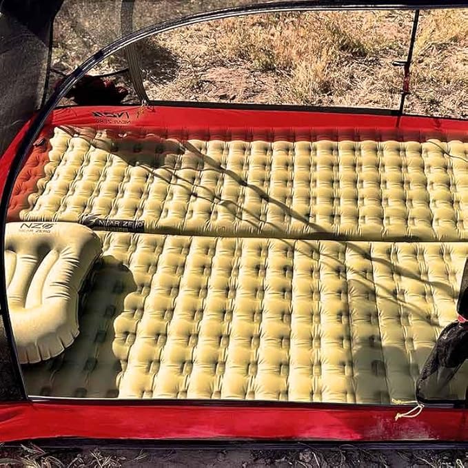 NEAR ZERO Blow Up Mattress for Camping Gear - Inflatable Sleeping Pad with R-Value of 3.7 Dual-Plated Aluminum Soft and Noise-Free Sleep Reliable Valve Sleeping Mattress for Camping Tent.