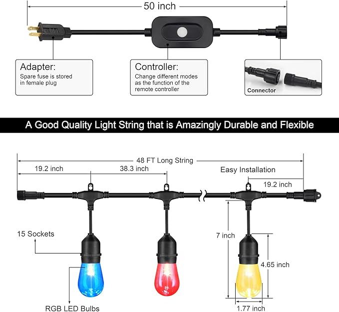 Mlambert 48FT Outdoor Patio Lights Waterproof Dimmable with Remote RGB Cafe LED String Light with 15 Shatterproof Bulbs for Bistro Party-Black 1 Pack