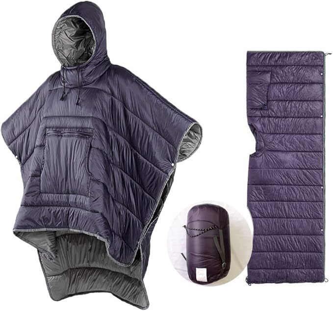 Camp Poncho Sleeping Bag Wearable Hooded Blanket - Envelope Lightweight Thermal Cloak Cape Windproof with Premium Stuff Compression Sack for Backpacking Hiking Hunting Fishing Outdoor Sport
