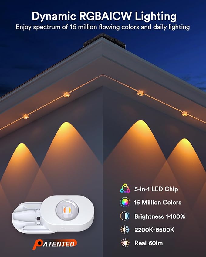 Lumary Permanent Outdoor Lights 2 with Remote for House 200ft with 120 RGBAICW LEDs 7200lm for Home Daily &amp Accent Lighting 110+ Scenes for Christmas Decor IP67 Waterproof Work with Alexa Goog