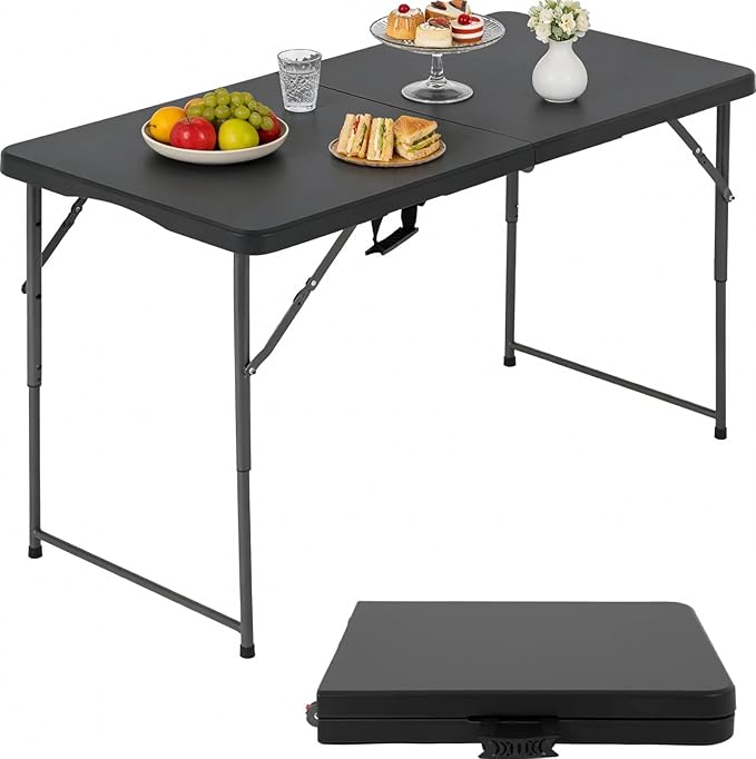 4Ft Foldable Table Adjustable Height with Built-in Handle 4 Foot Heavy Duty Portable Folding Table with Steel Legs for Indoor Outdoor Camping Parties Wedding Picnic Catering (4ft Black)