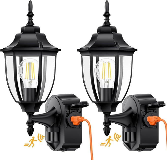 2 Pack Porch Lights with Outlet Motion Sensor Outdoor Lights Updated Dusk to Dawn Exterior Lighting Fixtures Waterproof Anti-Rust Aluminum Outside Light for House Entryway Garage Black