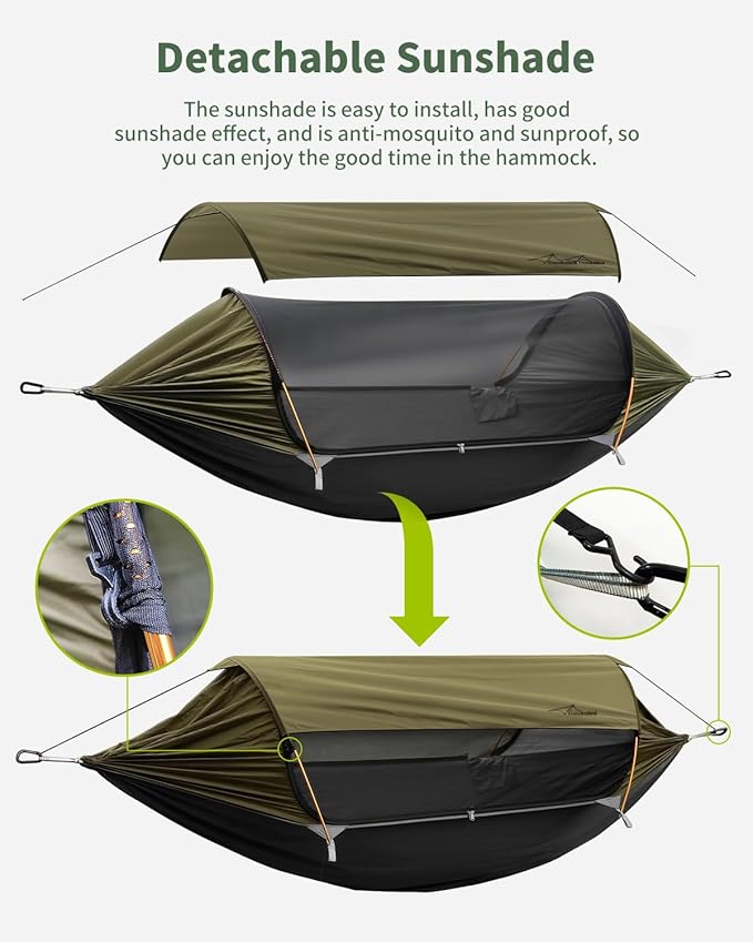Camping Hammock Tent with Mosquito Net and Removable Sunshade 4 in 1 Function Lightweight Hanging Hammocks Tree Straps Swing Bivvy Ground Tent for Outside Hiking and Travel