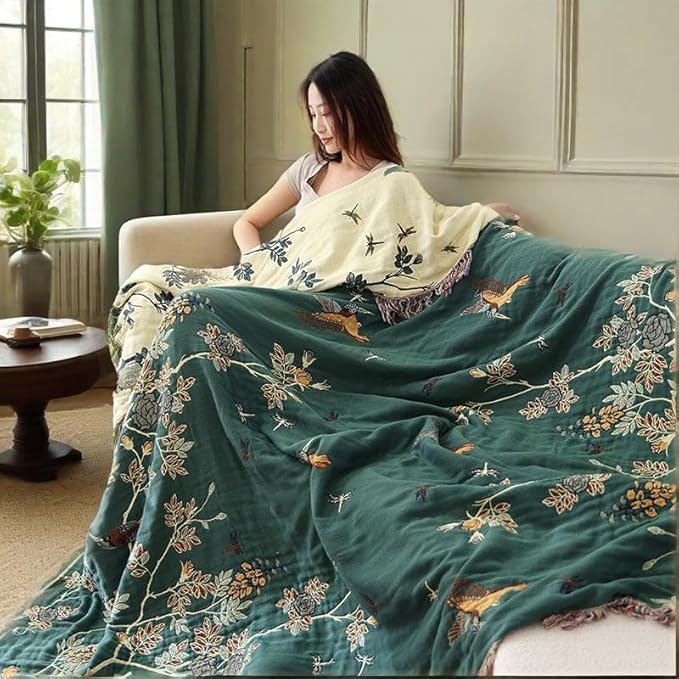 ITFRO Boho Throw Blanket 100% Cotton 4 Layer Muslin Blanket Twin Size 60x80 Lightweight Breathable Rustic Bed Throw Floral Bird Farmhouse Decor for Sofa Couch (Boho Green 60x80)