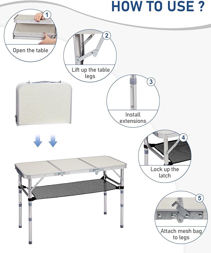 Outvita Folding Table 3FT Aluminum Camping Table with Storage Adjustable Height Picnic Table Lightweight for Carring Outdoor Party Events Beach