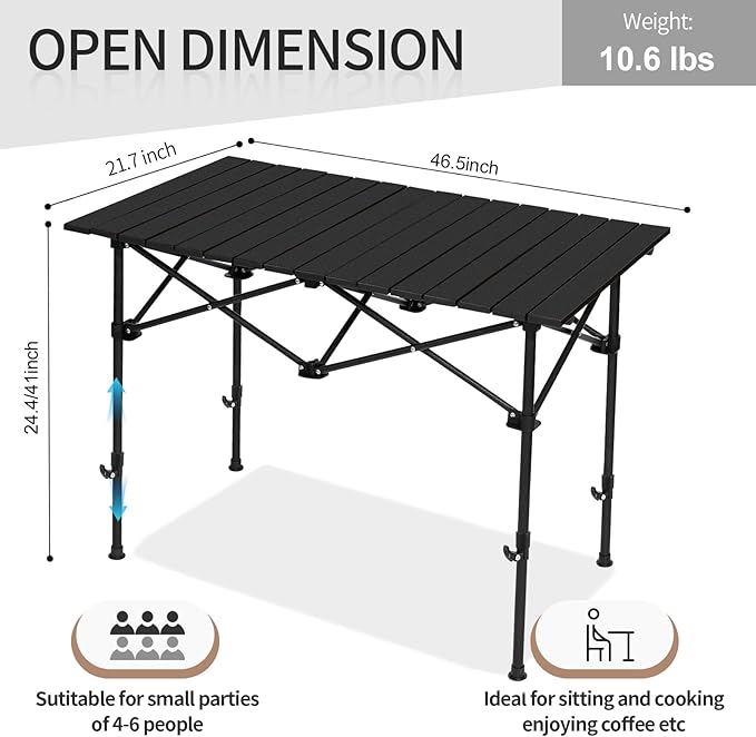 SHANQUAN Folding Camping Table 46.5 × 21.7 Inches Portable Camp Table Aluminum Fold Up Lightweight Roll Up Table Adjustable Height with Carry Bag for Camping Picnic Backyard BBQ Patio Black