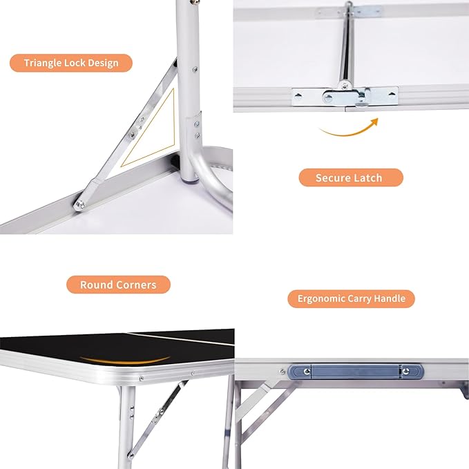 3ft Small Folding Camping Table Portable Lightweight Fold Up Utility Side Tables with Carrying Handle Outdoor Aluminum Fold in Half Dining Card Table for Picnic Party Events (Black)